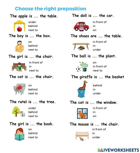 Preposition of places for kids worksheet