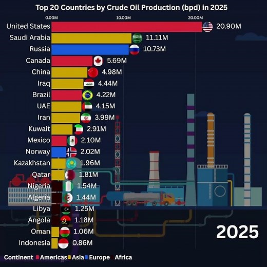 Top 20 Countries by Crude Oil Production (bpd) in 2025 #economy2025 #gdp2025 #oilproduction