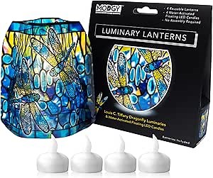 MODGY Luminary Lanterns Dragonfly, Louis Tiffany Designed Plastic Candle Lanterns w/Flameless LED Candles, Expandable Decorative Lanterns for Home Decor, Weddings, Patio, Table Centerpieces, Set of 4