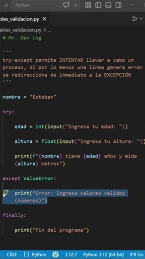Validaciones con try-except #python #coding