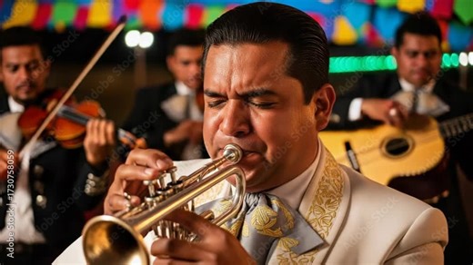 Lively Mariachi band performing traditional music on outdoor stage. Mariachi band features musicians playing trumpets, violins, and guitars for crowd.