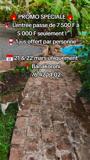 🚨 Bienvenue dans votre coin de paradis à Banakoroni, après Bramali, rue du Capitaine ✨ Pendant 2 jours seulement, profitez d’une journée exceptionnelle en famille, entre amis ou en couple 💛 🏊‍♀️ Accès piscine 🌳 Jardin naturel et espace détente 🐎 Animaux exotiques (chevaux, autruches, paons, tortues, canards, moutons…) 🎮 Jeux pour petits et grands 📸 Photos avec les animaux GRATUITES 🥤 1 jus offert par personne 🐎 Balade à cheval : 1.000 FCFA 🍖 Grillades : 5.000 FCFA 📅 21 & 22 uniquement