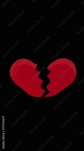 Red heart shattered animation expressing heartbreak love and sadness vertical video. Animated broken heart representing love lost romance and emotional pain vertical video.
