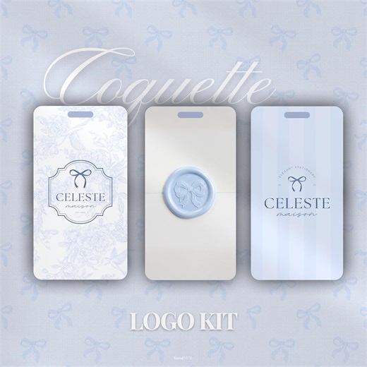 Coquette Logo Kit | Editable Blue Logo Design for Small Business | Aesthetic Logo Template | Pre Made Blue Logo Brand Kit | Bow Logo Design - Etsy