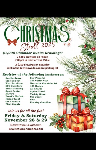 Lewistown Christmas Stroll 2025! November 28 & 29 in Downtown Lewistown! Visit LewistownChamber.com for more info | Enjoy Lewistown, Montana