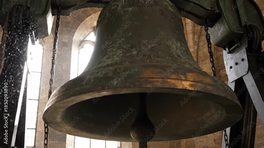 Ancient church bell swinging and ringing inside a tower, used for Christmas caroling and traditional religious ceremonies.