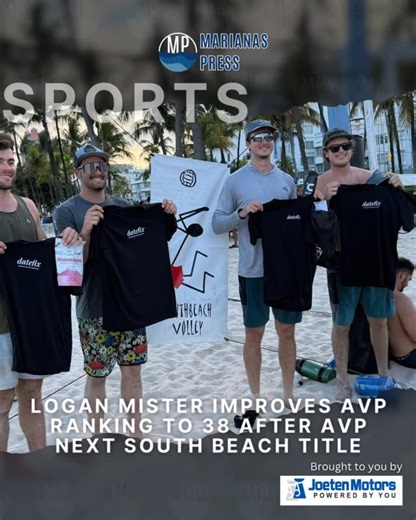 @marianaspress on Instagram: "CNMI’s Logan Mister kicked off the beach volleyball sands of the 2026 AVP tour in style, winning the AVP NEXT South Beach Art Deco Open in Miami Beach, Florida, with partner Rowdy Lennon held from Jan. 10-11—and with the championship comes a new career milestone: a national AVP ranking of 38th. The duo topped the men’s division, edging out Daniel Leathers and Chris Ludwig in two straight sets, 21-16, 21-14, with Mischa Freystaetter and Adam Hartmann rounding out the