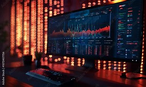 A modern workspace with a data analysis screen and ambient lighting.