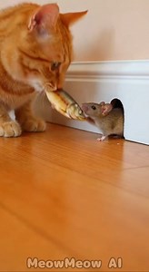 Fair trade completed 😳 公平交易成立😳 A cat places a piece of cheese neatly in front of a mouse hole and waits. Moments later, the cheese gets pulled inside. Then the mouse reappears, carefully sliding out a grilled fish and leaving it there. No rush, no conflict—just a silent agreement. 貓咪把起司放在老鼠洞前，靜靜等著。起司被拖進去後，老鼠又把一條烤魚推出來。沒有爭吵，只有默契，像早就談好的交易。 This video is created using AI, and the story is for your entertainment. 這影片為 AI 製作，純屬娛樂，無不良引導。 #fairtrade #catandmouse #cheeseforfish #公平交易 #貓與老鼠 #起司換魚 | Meow