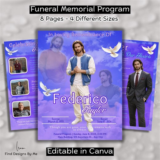 Memorial Card & Funeral Program Template for Men | 8 Page Obituary Template | Celebration of Life