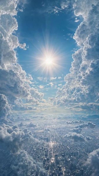 There are big clouds in the sky above the city. We move through the clouds towards the sun. It's a very fantastical scene. #aivideo #ai #cloud #sky #beautiful #beautifulsea #sunset #sun