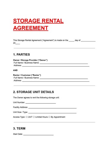 Storage Rental Agreement Template Editable DOC PDF - Etsy