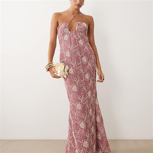ASOS DESIGN embroidered crochet maxi dress with u-scoop detail in pink | ASOS