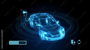 4K Modern technology UI control display, Power cable pump plug in charging power Animation. Electric vehicle EV car fueling station connected power cable alternative sustainable eco energy.