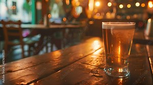 Golden Hour Pint: A single glass of amber beer rests on a rustic wooden table in a dimly lit pub. The warm glow of string lights adds to the inviting atmosphere, creating a sense of cozy comfort.