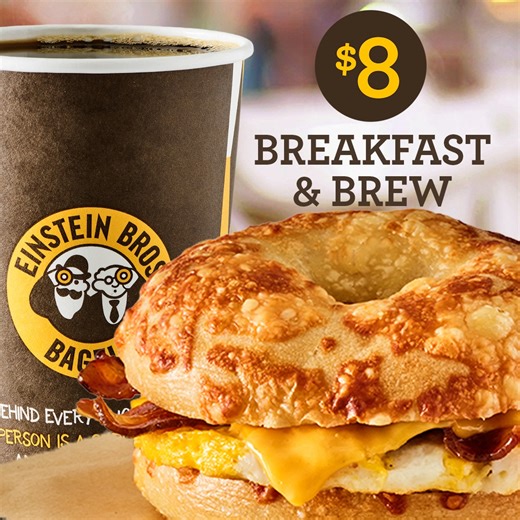 The new $8 Breakfast & Brew combo: Build-your-own bagel egg sandwich & large hot or iced coffee. It's your fresh fuel-up! | Einstein Bros. Bagels