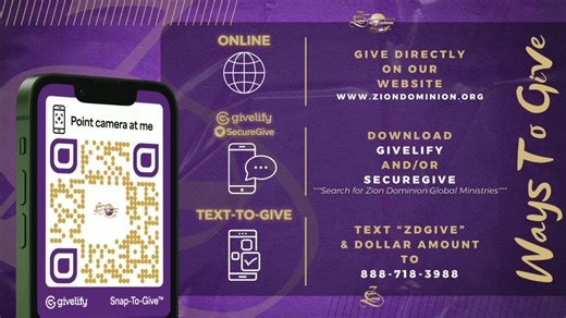 ZDGMV-CHURCH (Amherst): “NYE Celebration Service 2025!” w/ Bishop Roderick L. Hennings Here Are Exciting Ways to Give: 1. Visit ziondominion.org/give 2. Text “ZDGIVE (Amount)” to 888-718-3988 3. Download SecureGive or Givelify 4. Snap-To-Give QR CODE Zion Dominion Global Ministries One Church, Multiple Locations Bishop Roderick L. Hennings, Sr. Pastor Please subscribe to Bishop’s YOUTUBE CHANNEL and press the � icon for recent updates: https://youtube.com/c/roderickhenningsbishop Connect with us