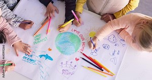 Kids in classroom, drawing and art from above for earth day, eco friendly education and kindergarten. Creative poster project, group of school children together, saving the planet and environment.