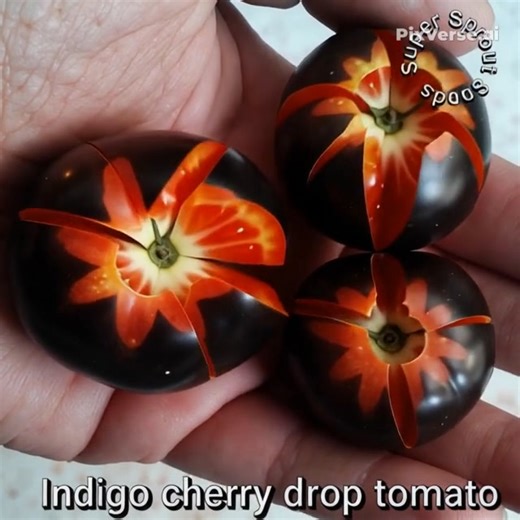 The 'Indigo Cherry Drops' tomato is a high-yielding, open-pollinated cherry variety known for its striking purple-black and deep red fruits and balanced, sweet flavor. It was developed by Dr. Jim Myers at Oregon State University using traditional cross-breeding techniques. This indeterminate variety is a vigorous grower, potentially yielding 500 to 1,000 tomatoes per plant under ideal conditions. Taste, texture, and appearance Color and anthocyanin: The fruit is deep, rosy-red with purple-black 