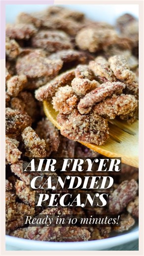BRB… making these Air Fryer Candied Pecans every day until Christmas. They’re crunchy, sweet, buttery, and DONE in minutes. Your house will smell like a holiday dream! https://airfryerfanatics.com/air-fryer-candied-pecans/ | Air Fryer Fanatics