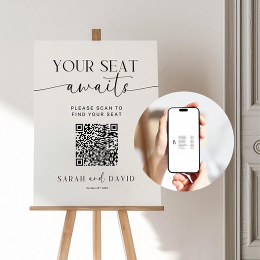 Digital Seating Chart With QR Code Sign Template, Wedding Alphabetical Table Guest Seating Website, Minimalist Find Your Seat Signage Canva - Etsy