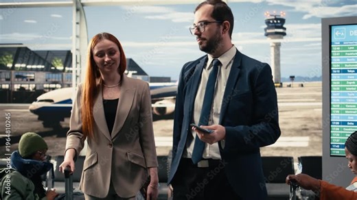 CEO and executive assistant approaching boarding gate in airport lounge, preparing for international flight. Two business travelers with baggage and boarding passes ready, leadership collaboration.