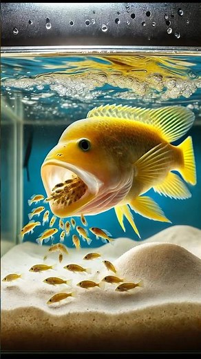 Yellow aquarium cichlid fish giving birth