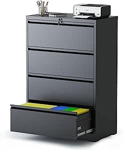 AQY 4 Drawer File Cabinet with Lock,Metal Lateral File Cabinets for Home Office,Steel Wide Filing Organization Storage Cabinets for Hanging Files Letter/Legal/F4/A4 Size Assembly Required(Black)