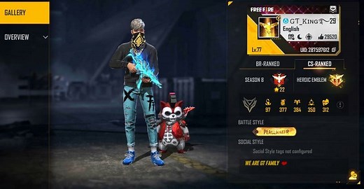 Gaming Tamizhan's (GT King) Free Fire ID, current stats, real name, and guild details in September 2021