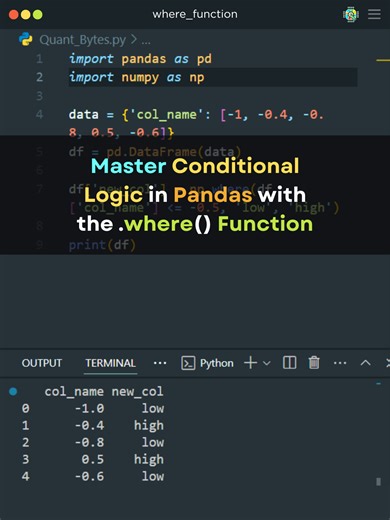 🐍💡 Want to master conditional logic in Python? 👀 Learn how to use the .where() function in Pandas to apply conditions effortlessly! This trick makes DataFrame transformations a breeze! 🚀 🎬 Drop a ✅ if you’re ready to elevate your coding skills! #PythonTips #CodingHacks #LearnPython #TechTok #DataScience
