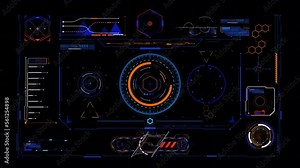 Alien spaceship Screen. Universal HUD, UI Graphic Elements. Sci Futuristic User Interface. Digital Data Flow Calculations. IT Technology on Virtual Screen.