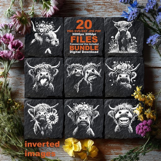 Highland Cow SVG Floral Queen, Slate Coasters Design, CNC Router Files Laser Cut - Etsy