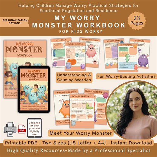 My Worry Monster Workbook for Kids: Anxiety Worksheets, Coping Skills, Emotional Regulation, Calming Corner Tools - Etsy