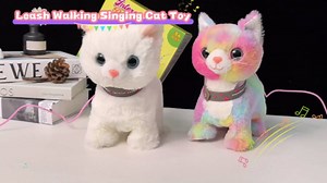 White Leash Walking Cat Set Singing That Purrs and Meows Animated Plush Robot Kitten Pet Moving Plush Realistic Stuffed Animal Remote Control Cute Kawai Robotic Kitty Toy for Kid