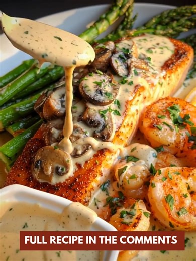 Creamy Garlic Salmon & Shrimp Plate 🐟🍤 Rich, buttery elegance—ultimate restaurant-style seafood dinner at home! 📝 Ingredients : For the Salmon: 2 salmon fillets (skin removed or on) 1 tbsp olive oil ½ tsp paprika ½ tsp garlic powder Salt & freshly cracked black pepper For the Shrimp: ½ lb large shrimp, peeled & deveined 1 tbsp butter 2 cloves garlic, minced (bold garlic flavor boost) Salt & pepper to taste For the Creamy Garlic Sauce: 2 tbsp butter 3 cloves garlic, minced 1 cup heavy cream (l