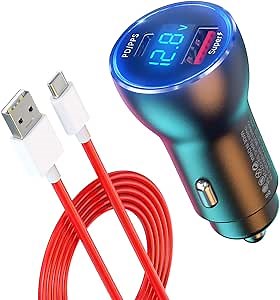 for Oneplus Car Charger 100W 80W 65W Fast Charge for One Plus 15 15R 13 12 13R 12R 11 10 Pro 9 10T 8T 8 7T 7 Open Pad Nord 2T CE 3 4 N20 N30 N100, 25W PD PPS USB C Port 3ft Cable