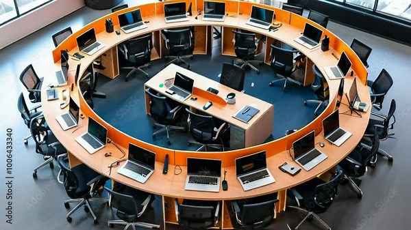 A circular office layout with multiple workstations and computers for collaborative work.