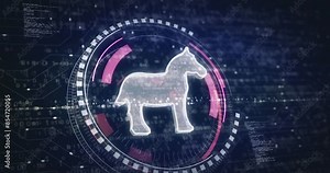 Trojan virus cyber crime and security breach symbol digital concept. Cyber technology and computer background abstract 3d.