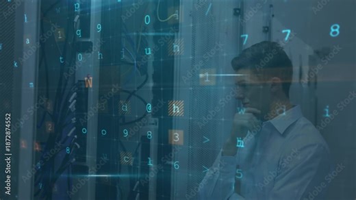 Animation of cyber attack text and data processing over caucasian male it technician by server