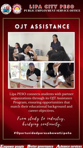 📌📣𝑶𝑱𝑻 - 𝑶𝒏 𝒕𝒉𝒆 𝑱𝒐𝒃 𝑻𝒓𝒂𝒊𝒏𝒊𝒏𝒈📌📣 Students in search of companies for their on-the-job training can drop by our office at LIPA PESO, TRABAHO CENTER, City Hall Compound, Marawoy, Lipa City, during our operating hours from Monday to Friday, 8AM to 5PM. Don’t forget to bring your resume and participate in our brief orientation session. You can also complete this Google form so we can send your applications to our partner companies and walk-in clients. https://docs.google.com/form