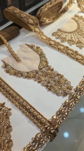 Zari Crafts | The Modern Lace Gallery on Instagram: "Beautiful Neck with different borders available at @zari__crafts #cutdana #zariwork #motiwork #gottapatti #gottapati"