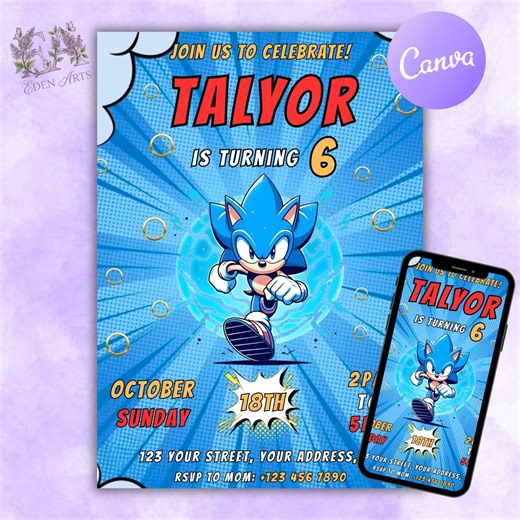 Editable Sonic Birthday Party Invitation Sonic The Hedgehog Birthday Party Invite Card Shadow Themed Birthday Invite Printable Template Card