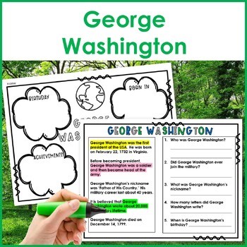 George Washington Activities Reading Comprehension Presidents March Activities