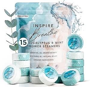 EvolutionUSA Inspire Breathe Shower Steamers – 15 Mint & Eucalyptus Shower Steamers for Women & Men, Vapor Shower Tablets, Self Care Shower Bombs, Lush Gift Mothers Day, Easter, Birthday, Valentines