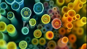 This detailed close-up shows a colorful microscopic view of various bacterial cells. The image captures the unique shapes, sizes, and vibrant colors of the bacteria, creating a visually captivating Stock Video