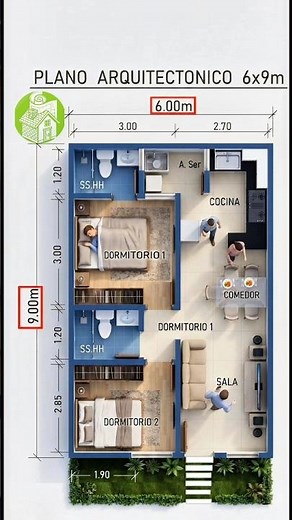 un plano de 6x9 metros, diseñado para aprovechar cada espacio al máximo.