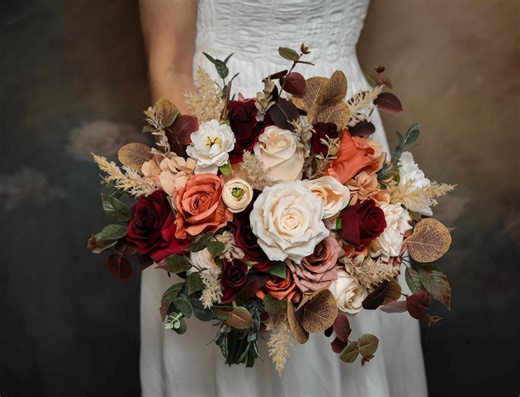 Burgundy Wildflower Wedding Bouquet - Rustic Autumn Artificial Flowers - Etsy