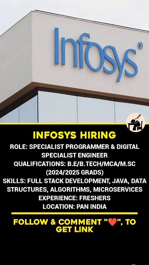 207 reactions · 20 comments |  Company: Infosys  Role: Specialist Programmer & Digital Specialist Engineer  Location: PAN India  Qualifications: B.E / B.Tech / MCA / M.Sc (2024 / 2025 graduates) 易 Experience: Freshers  Skills Required: • Full Stack Development • Java • Data Structures • Algorithms • Microservices #Infosys #Hiring #SpecialistProgrammer #DSE #FresherJobs #PANIndia #EngineeringJobs #TechCareers #JobAlert | BackBencher Buzz | Facebook