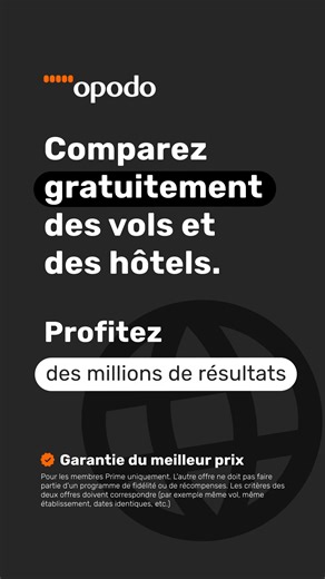 Obtenez instantanément le prix le plus bas sur des millions de vols et d'hôtels. Meilleur prix garanti. | Opodo