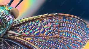 Extreme macro animation of a vibrant, iridescent insect wing showing its detailed cellular structure and rainbow colors Stock Video